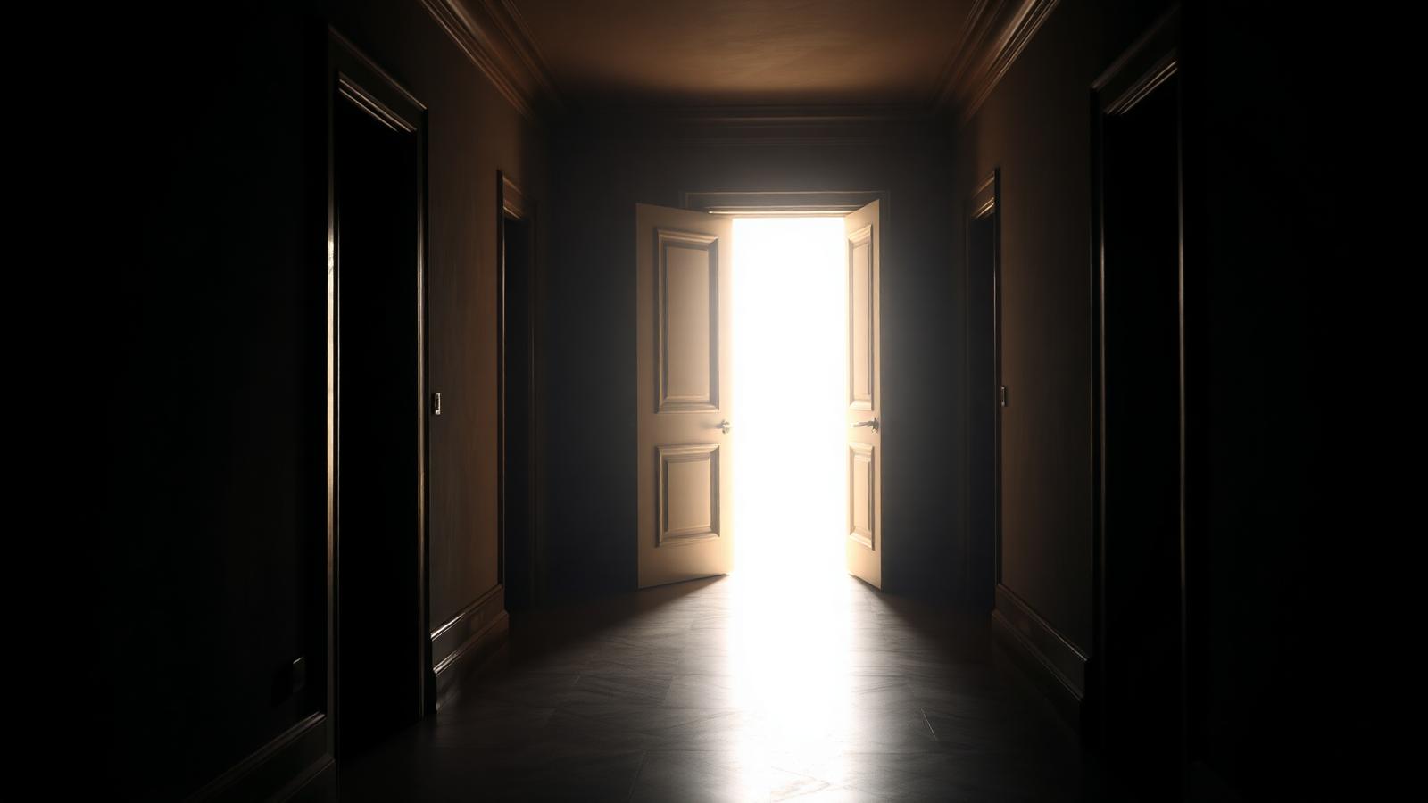 Two identical doors in an ethereal corridor, one opening to light and one to darkness