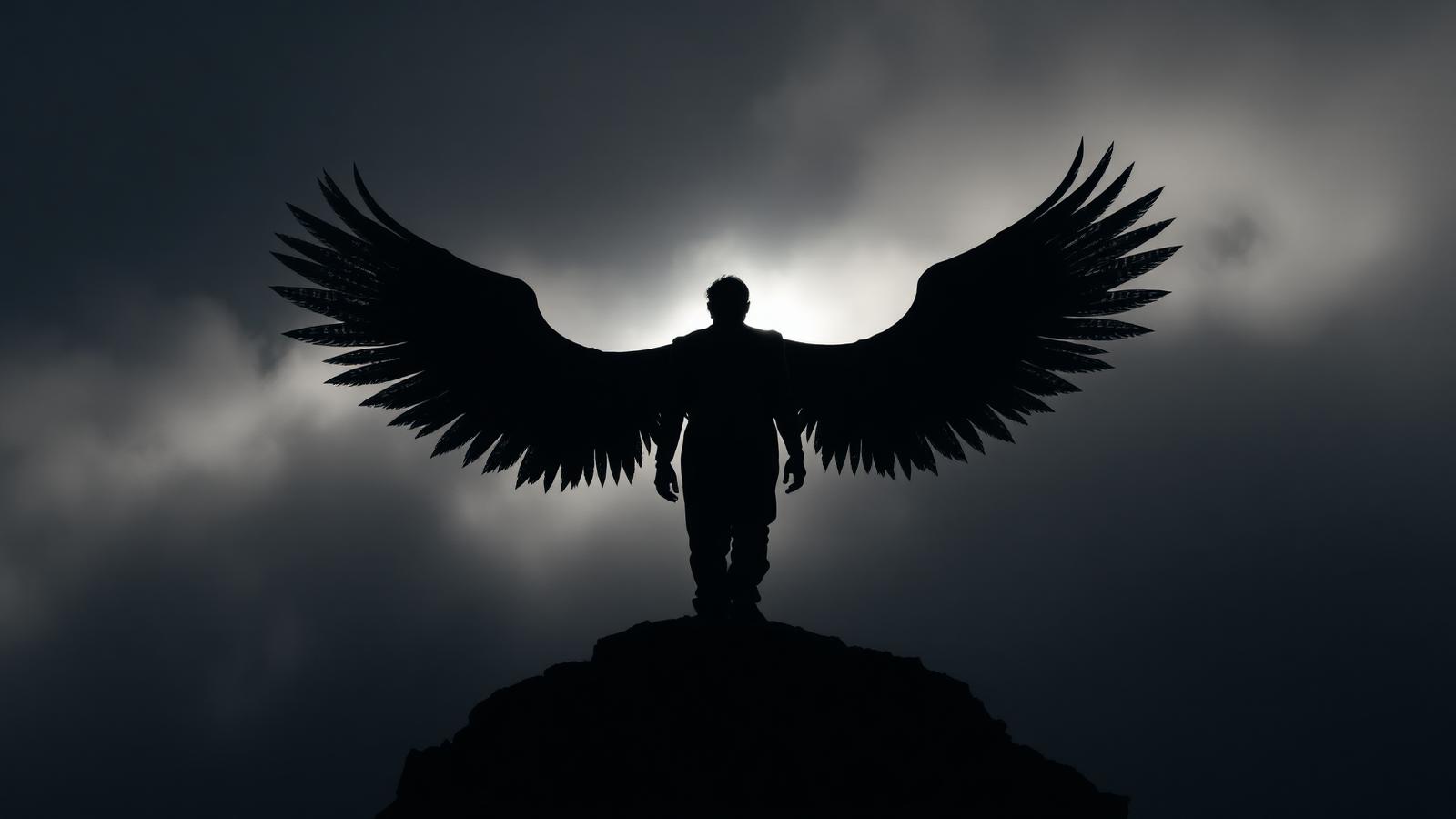 Faceless winged silhouette seen from behind, falling from a peak of light into dark mist