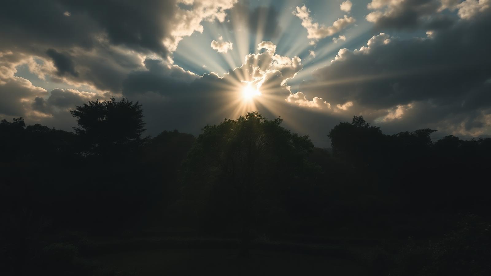 Lush garden at dawn with a central tree lit by a sunbeam through dramatic clouds