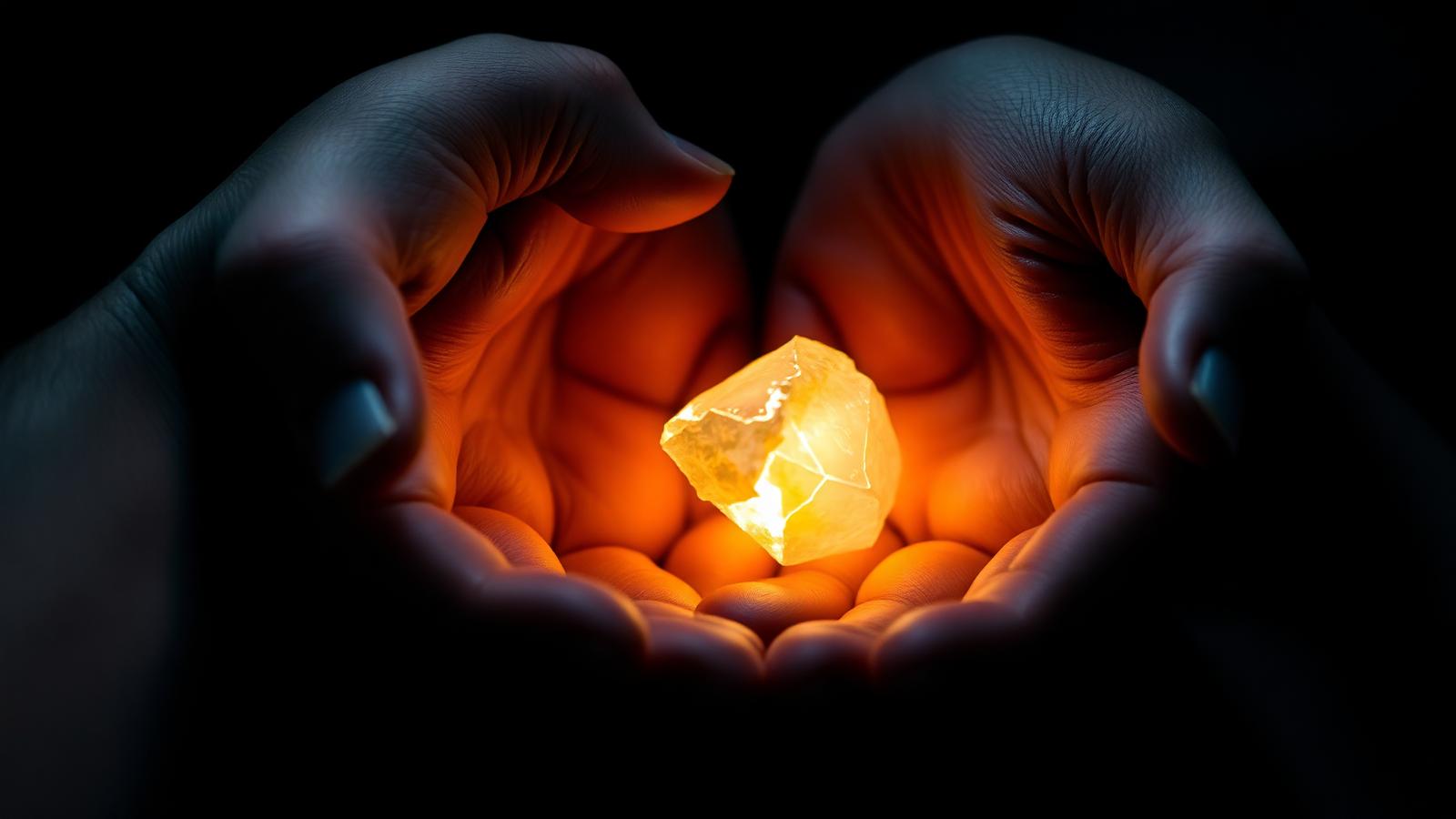 Human hands holding a cracked fragment of light, face not visible