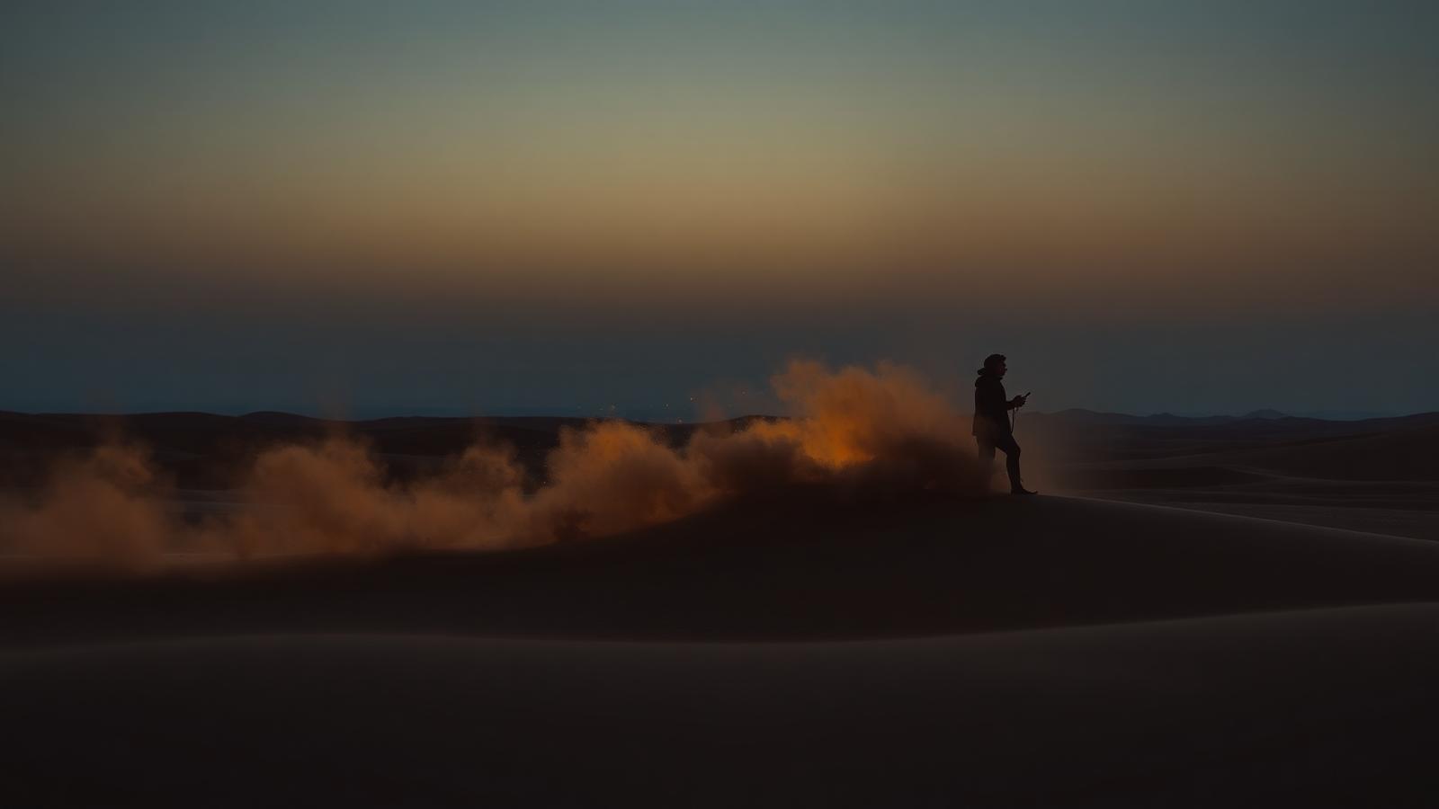 A body of dust dissolving in the wind beside a silhouette of pure light in a desert at dusk