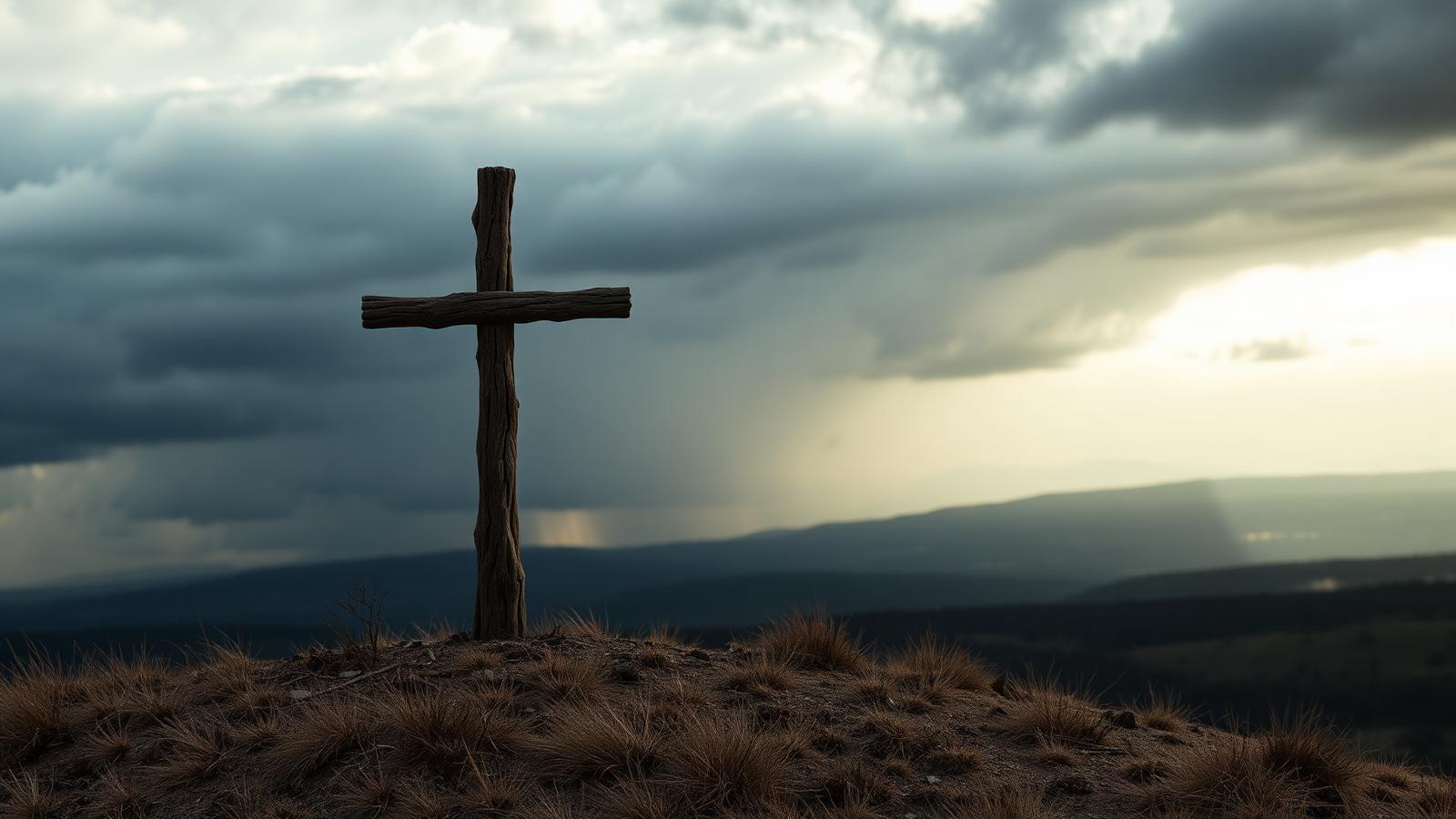 A rugged wooden cross on a hill against a dramatic storm sky clearing on the horizon