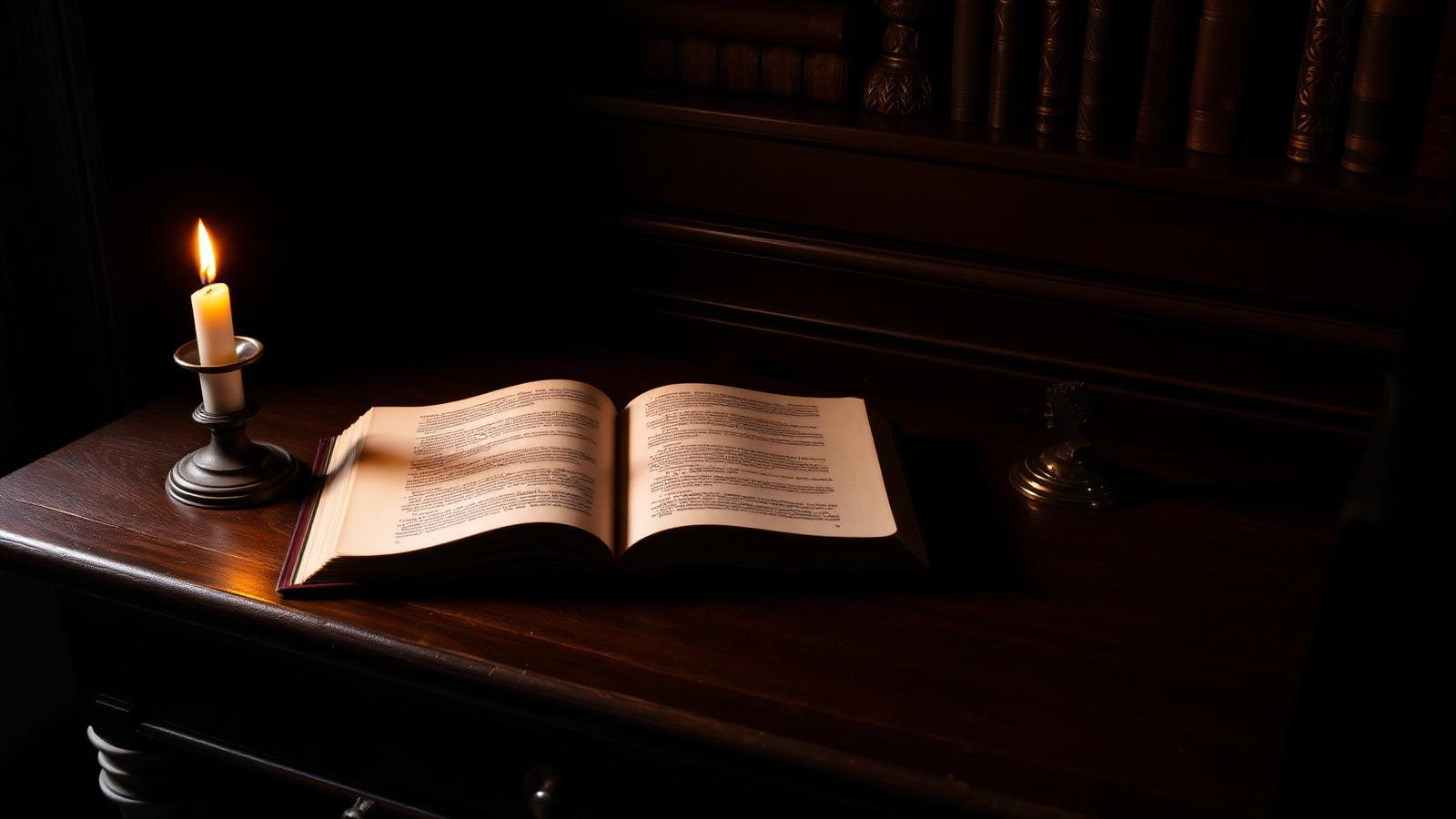 Antique wooden desk with an open book and a lit candle in a contemplative study