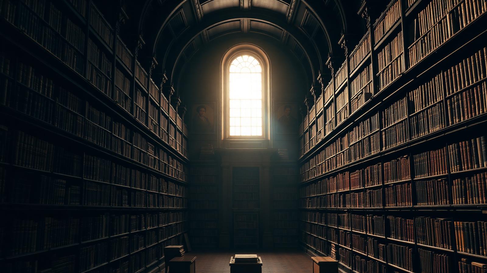 Vast classical library with rows of antique books and light entering through a tall window